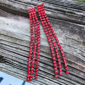 Red Rhinestone 4 1/2” long pierced earrings Fab!